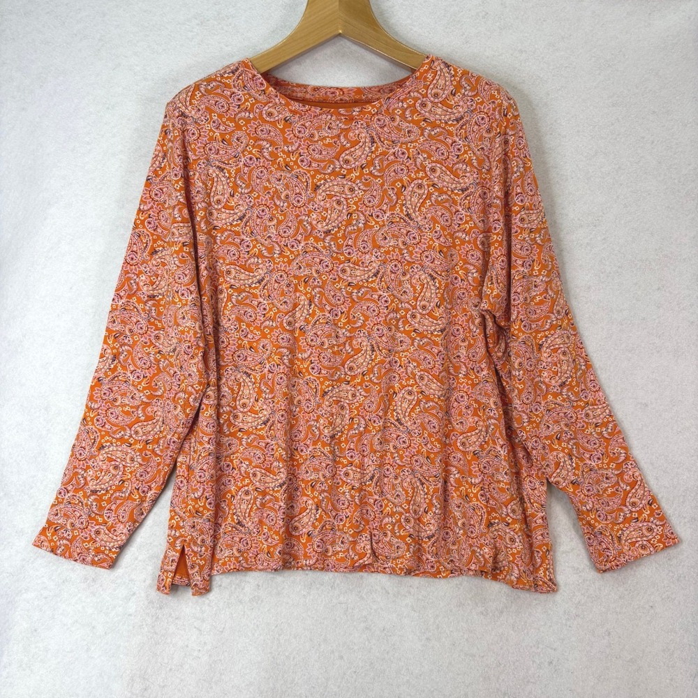 J. Jill Pima Cotton Paisley Orange Crew Neck Tee Women 3X Boho Casual Cottage